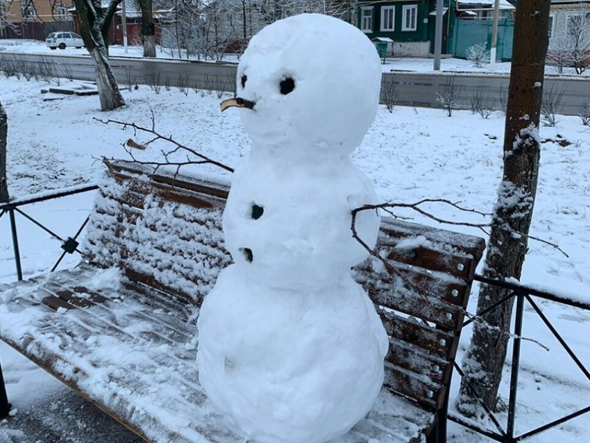 Бесснежной зимой в Театральном парке Борисоглебска появился первый снеговик