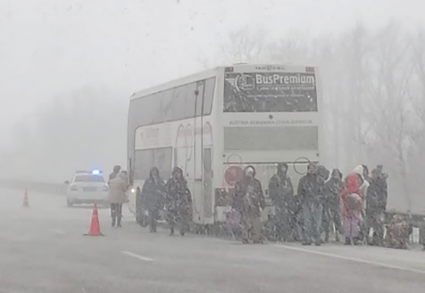 На заснеженной трассе в Воронежской области сотрудники ГИБДД помогли замерзающим пассажирам 