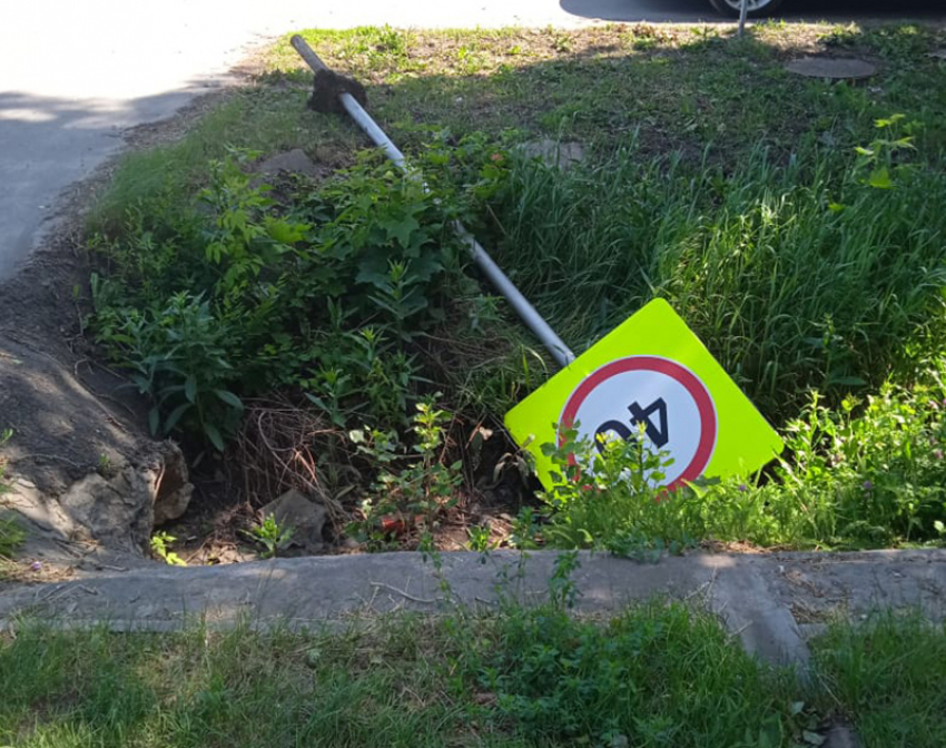  В Борисоглебске дорожный знак несколько дней  валялся в канаве 